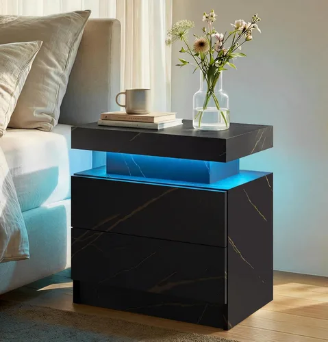 Vista 17 de Generic Juego de 2 Mesitas de noche con 2 cajones, mesa de noche con cajones para muebles de dormitorio, mesa auxiliar con luz LED, color negro