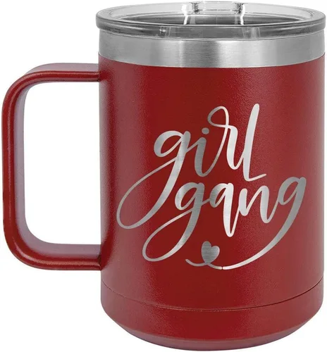 Vista 17 de GIRL GANG Negro 15 oz Taza de café w/tapa deslizante Taza de café de viaje aislada Ideas de regalos de cumpleaños o Navidad de mujeres u hombres