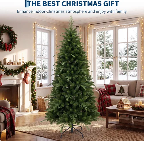 Vista 2 de Artificial Christmas Tree, Realistic Fraser Fir Hinged Locations with Warm LED Lights & Metal Stand, 6 Feet