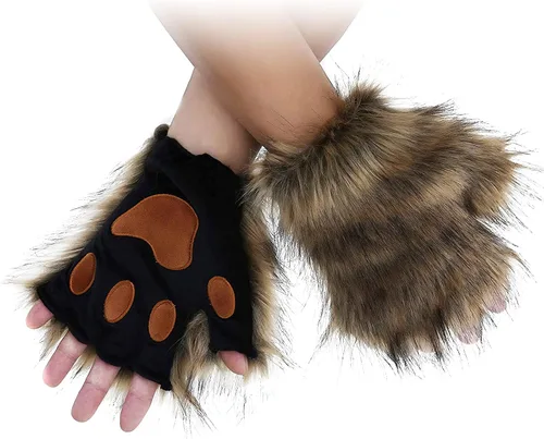 Vista 2 de HAOAN Guantes de pata de lobo de piel sintética para gatos, guantes sin dedos, para invierno, cálidos, cosplay, Halloween, fiesta de disfraces