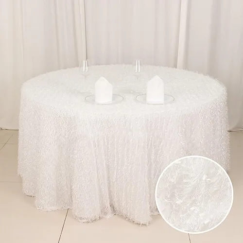 Vista 6 de Balsa Circle Mantel redondo de poliéster de 120 pulgadas, color blanco, con flecos, para bodas, fiestas, eventos, recepción, catering, suministros