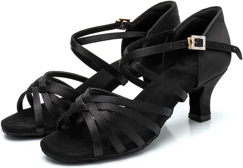 Vista 2 de Zapatos de baile latino para mujer, de satén, profesional, para sala de baile, salsa, práctica, rendimiento