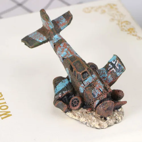 Vista 6 de POPETPOP Acuario Plane Wreck - Decoración de avión estrellado de resina para pecera