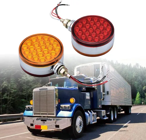 Vista 2 de amopa Corp - 2 luces LED redondas de doble cara, 4 pulgadas, color rojo y ámbar, 48 luces LED, señal de giro cromada, Miro-reflex, reemplazo sellado