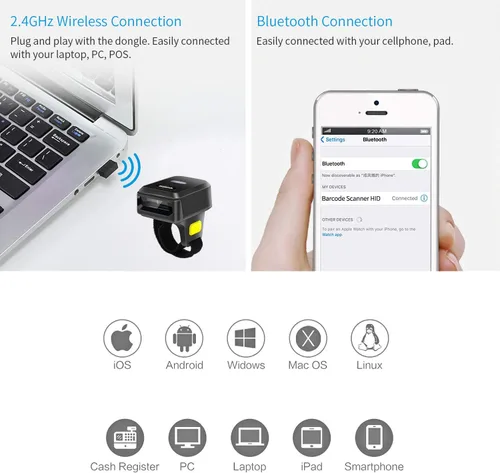 Vista 4 de Anillo portátil Bluetooth escáner de código de barras inalámbrico 2.4 GHz y USB con cable 3 en 1 conexión Windows.Mac OS Android. Mini escáneres