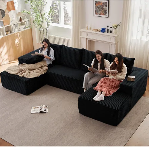 Vista 27 de Sofá modular de nube de 140 pulgadas para sala de estar, sofá modular de asiento profundo, juego de sofás de pana grandes y cómodos con espuma Negro