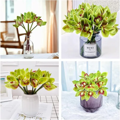 Vista 8 de Orquídeas artificiales Cymbidium - Orquídeas artificiales, 12 racimos de flores artificiales para exteriores, arbustos verdes, plantas