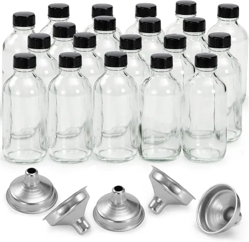Vista 10 de 6 Pack, botellas pequeñas de vidrio transparente de 4 onzas con tapas y 2 embudos de acero inoxidable - Botella de muestra Boston de 120ml