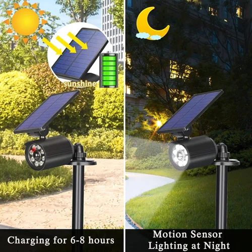 Vista 4 de Luces solares con sensor de movimiento para exteriores, IP67, impermeable, 360°, giratorio, energía solar, luces de inundación para graneros