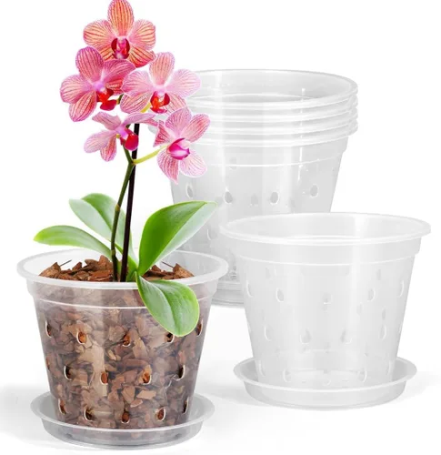 Vista 7 de 5 macetas de plástico transparente para orquídeas con agujeros y platillos, macetas transparentes para trasplantar, excelente drenaje y ventilación