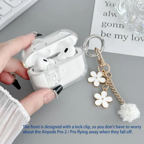 Vista 3 de Bonita funda Magsafe para Airpods Pro 2, clip de bloqueo para niñas y mujeres, con dijes de flores y kit de limpieza, TPU suave, Airpods iPod Pro