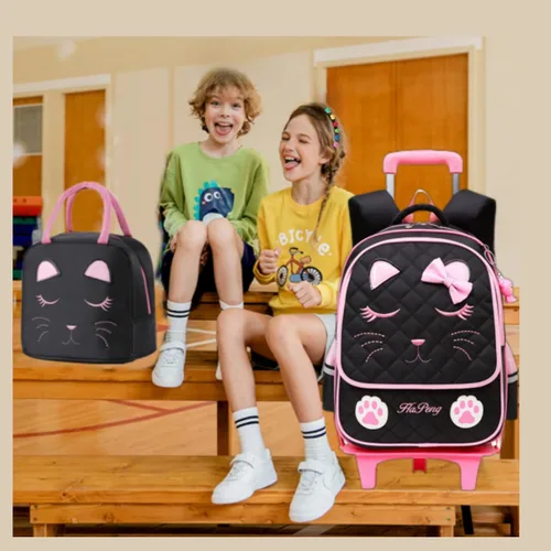 Vista 7 de MITOWERMI Mochila con ruedas para niñas, mochila escolar con cara de gato, mochilas con ruedas, equipaje de viaje de mano, A-2 Ruedas