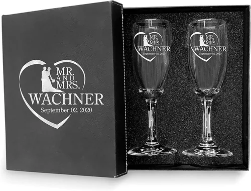 Vista 9 de Juego de 2 copas de champán personalizadas para boda grabadas con caja - Bride & Groom's Wedding Toast