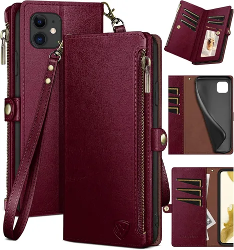 Vista 11 de XcaseBar Funda tipo cartera compatible con iPhone 11 de 6.1 pulgadas con cremallera y tarjetero de crédito con bloqueo RFID, funda de piel sintética