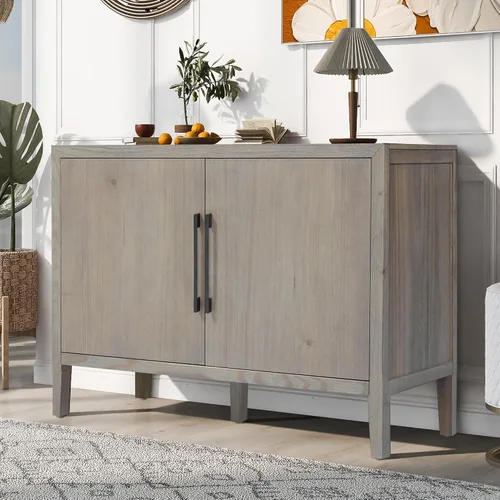 Vista 14 de Merax Aparador de buffet de madera rústica moderna con estante de almacenamiento, 2 puertas, cafetería, bar, soporte de TV para dormitorio, sala