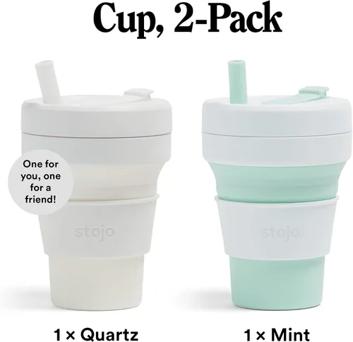 Vista 2 de STOJO Juego de regalo de taza de viaje plegable con pajita, paquete de 2, verde menta y blanco de cuarzo, 16 onzas / 15.9 fl oz, taza de silicona