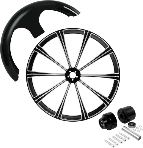 Vista 120 de TCMT Llanta de rueda delantera de 21", buje de rueda de brida de doble disco con guardabarros delantero negro sin pintar, compatible con modelos