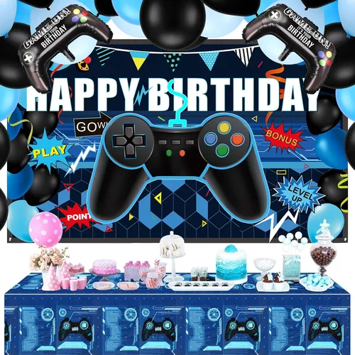 Vista 6 de Skylety 34 Piezas Decoraciones de Cumpleaños de Jugador Suministros de Fiesta de Videojuegos Incluyendo Telón de Fondo de Feliz Cumpleaños