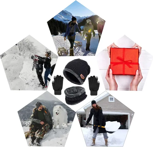 Vista 5 de Conjunto de gorro de punto de invierno, calentador de cuello, guantes, con forro de lana, gorro de calavera, bufandas infinitas, manoplas táctiles
