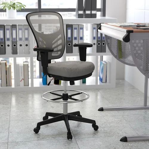 Vista 2 de Flash Furniture Silla de dibujo ergonómica de malla gris claro con anillo de pie cromado ajustable, brazos ajustables y marco negro Malla gris