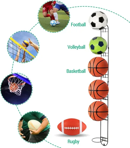 Vista 3 de MyGift Moderno estante de almacenamiento de pelotas deportivas de metal negro, pelota medicinal, baloncesto, pelota de fútbol, voleibol