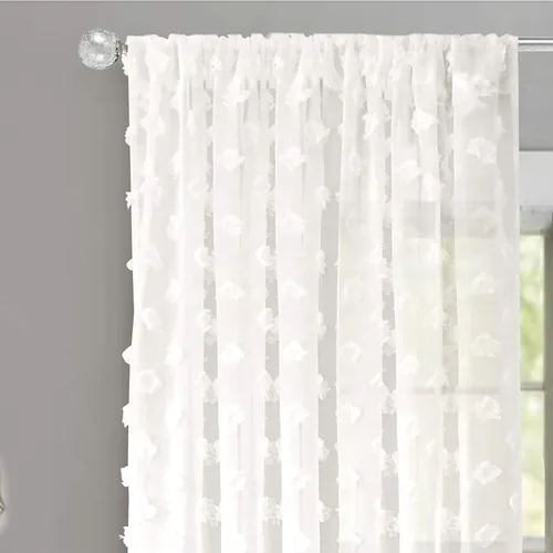 Vista 12 de DriftAway Olivia - Cortinas transparentes de gasa gris de vellón bordado para ventana con pompones, 2 paneles con pliegue para barra de 52 pulgadas