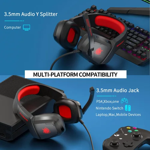 Vista 2 de Auricular para juegos para PS4, Xbox One, computadora, laptop, Mac, PS4 con micrófono, auriculares sobre la oreja, cancelación de ruido, sonido