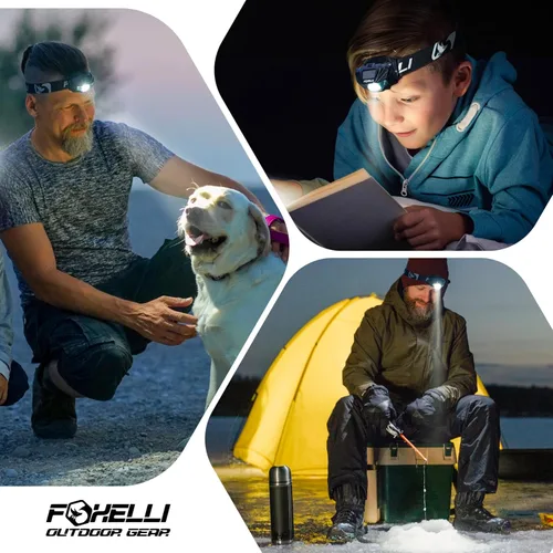 Vista 5 de Foxelli Linterna frontal LED recargable USB‑C – Ultraligero 2.4 oz y brillante 180 lúmenes – Luz roja/blanca, 5 modos, IPX5 impermeable, 40 horas