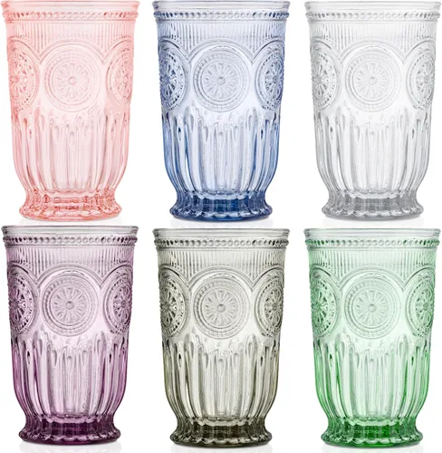 Vista 10 de Juego de vasos de beber ámbar Yungala, conjunto de 6 vasos de vidrio ámbar, vasos pequeños de agua de 8 oz, vasos de hobnail aptos