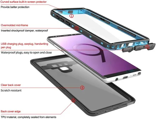 Vista 4 de LEMAXELERS Diseñada para Galaxy Note 9, funda impermeable con protector de pantalla integrado [IP68 bajo el agua]