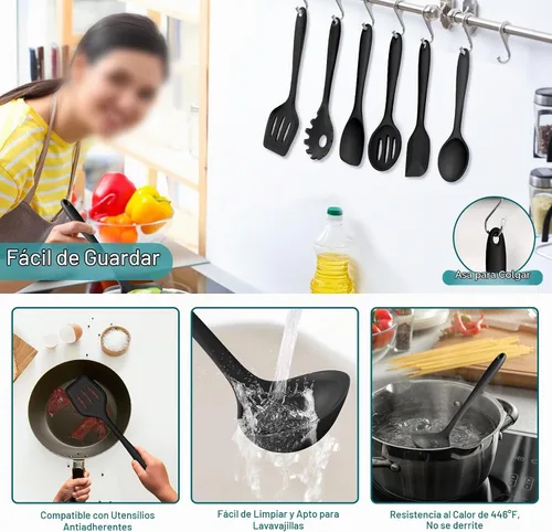 Vista 4 de TeamFar Juego de 7 utensilios de cocina de silicona, herramientas antiadherentes de cocina negras, espátula, cucharón, servidor de pasta