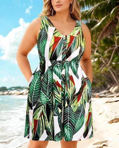 Vista 57 de Holipick Vestidos de verano para mujer, talla grande, casual, con bolsillos, acampanado, con botones, sin mangas, cuello en V