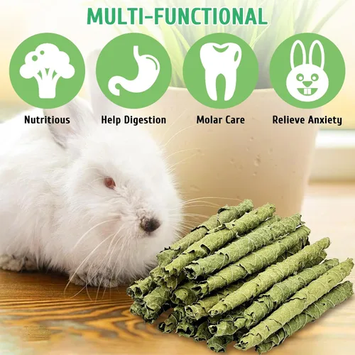 Vista 6 de Fhiny Juguetes masticables de conejo, 1.76 oz de hojas de morera natural, rollos crujientes de animales pequeños, bocadillos molares de chinchilla