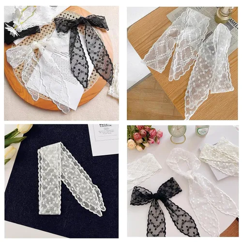 Vista 6 de 3 pañuelos de encaje para la cabeza, pañuelo para el cabello, asa de bolso de mano, cinta envolvente, Blanco, Negro