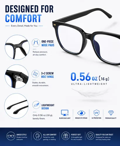 Vista 3 de PANNER Gafas cuadradas de gran tamaño con bloqueo de luz azul antideslumbrante para computadora Negro