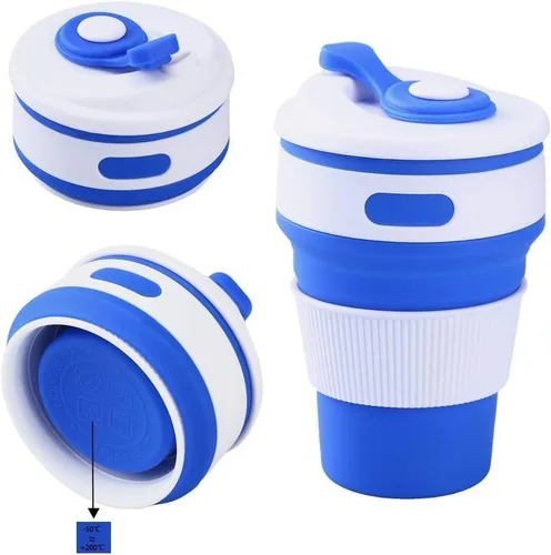 Vista 2 de Fullgaden Taza de viaje plegable de silicona, taza portátil con tapa, agua, café, coca cola y aperitivos para senderismo, campamento, picnic, azul