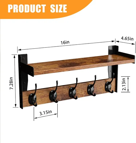 Vista 3 de Ganchos de pared con estante, perchero de madera con estante montado en la pared, estantes colgantes de entrada con 5 ganchos de metal para ropa