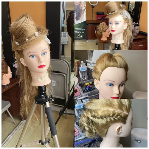 Vista 7 de Headdoll Cabeza de maniquí de 26 a 28 pulgadas, cabeza de maniquí para peinar el cabello y soporte de mesa libre, cabeza de entrenamiento, maniquí