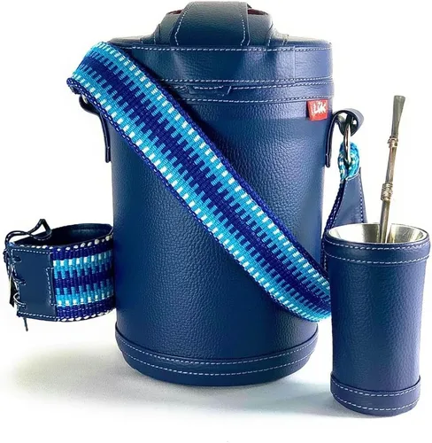 Vista 2 de Kit Yerba Mate Tereré Luk Termos, Artesanía Paraguaya Azul Marino Faja Set Tereré Termo + Bombilla + Vaso guampa