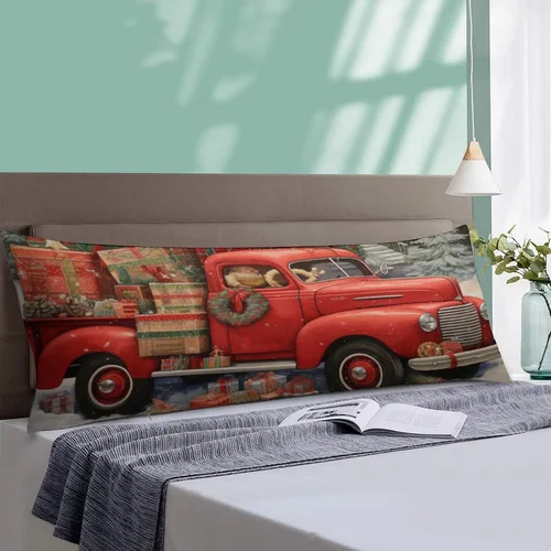 Vista 4 de Funda de almohada corporal con diseño de camión rojo de Navidad en estilo de collages textiles, lavable a máquina con cremallera, funda de almohada