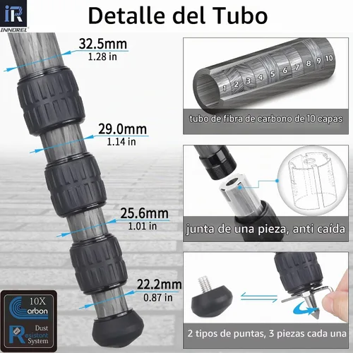 Vista 3 de Trípode de Fibra de Carbono - INNOREL RT85C Sin Rótula Cabeza de Bola Súper Profesional Trípode Monopié Soporte de Resistencia para Cámara DSLR Negro