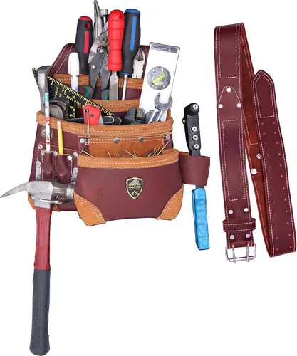 Vista 2 de PRO-15 - Cinturón de cuero y uñas de carpintero de 8 bolsillos con bolsa de herramientas de cuero genuino (MAROON)