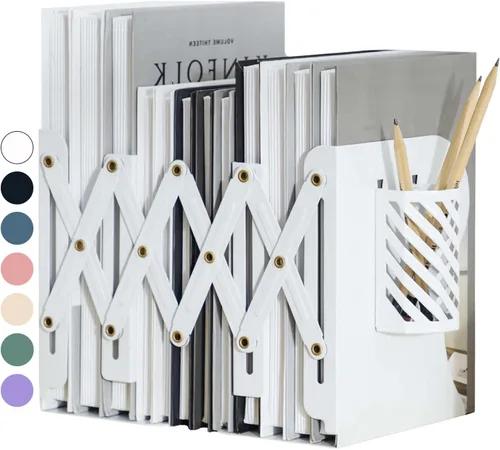 Vista 9 de Sujetalibros Kingsmile, sujetalibros ajustables para estantes, sujetalibros de metal para libros pesados, organizador de topes de libros con porta