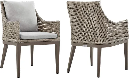 Vista 7 de Armen Living Silvana - Silla de comedor de mimbre y aluminio para exteriores con cojines beige - Juego de 2