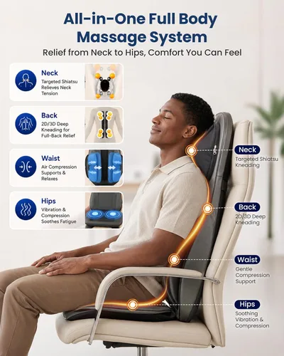 Vista 7 de COMFIER Silla masajeadora con calor, masajeador de espalda Shiatsu portátil con compresión y rodamiento, almohadilla para silla de masaje
