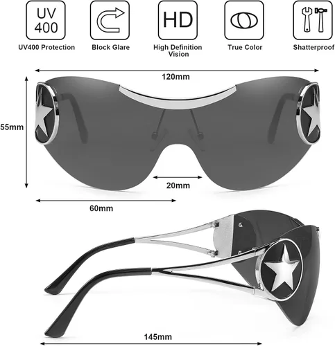Vista 4 de Karsaer Gafas de sol Y2K sin montura envolventes para mujeres y hombres, gafas de sol con parte superior plana, gafas de sol futuristas sin marco