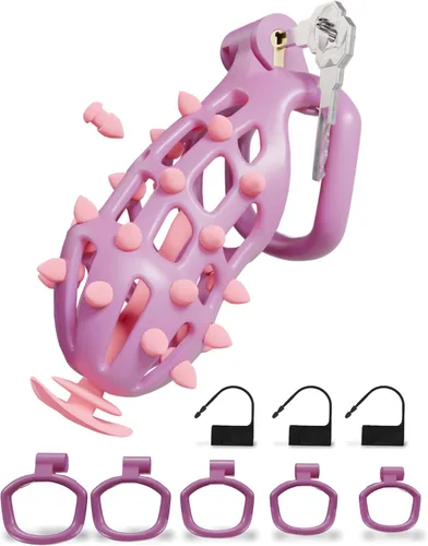 Vista 9 de Cobra Chastity Cage for Men, Invisible Lock, 5 Ball Rings (Pink, XS) Spiked cobra design, lightweight 3D printed open structure, breathable