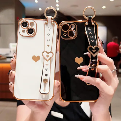 Vista 8 de Lindo corazón de amor para niñas mujeres lujo chapado borde parachoques suave TPU a prueba de golpes caso con soporte de pulsera para iPhone Negro