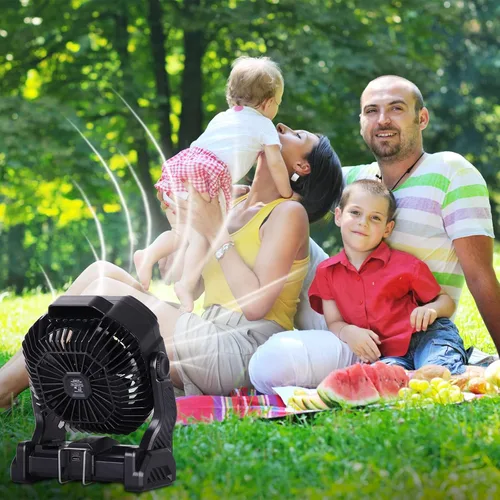 Vista 7 de RUNTOP Ventilador de 20000 mAh, funciona con pilas, ventilador de campamento de 2 aspas, ventiladores de escritorio recargables por USB con luz LED