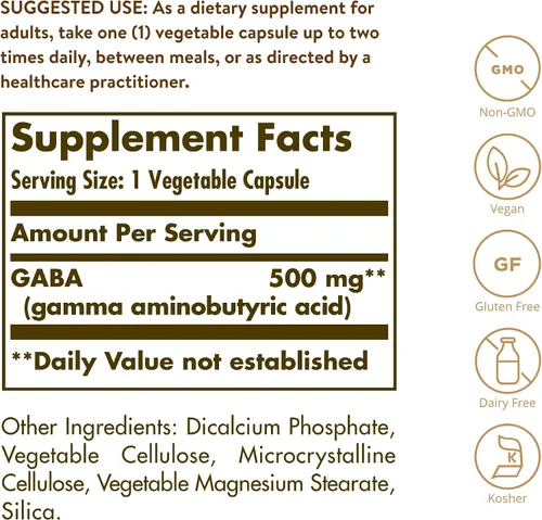 Vista 2 de Solgar GABA 500 mg, 100 cápsulas vegetales – Relajación y apoyo del sistema nervioso – Aminoácidos – Sin OMG, vegano, sin gluten, sin lácteos